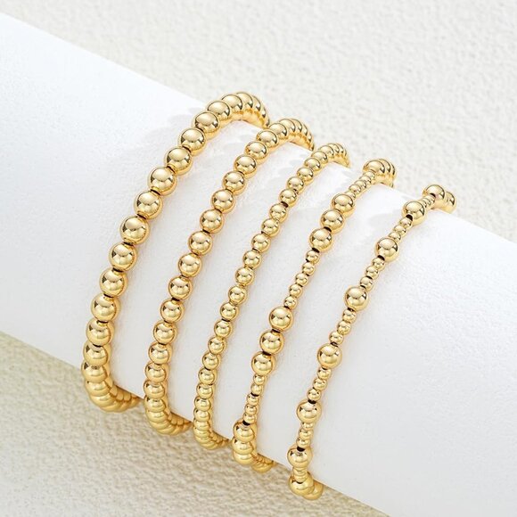 Gold Beaded Bracelets Set Women 14K Gold Plated Elastic 5-Piece 6-7.5" - Picture 6 of 9